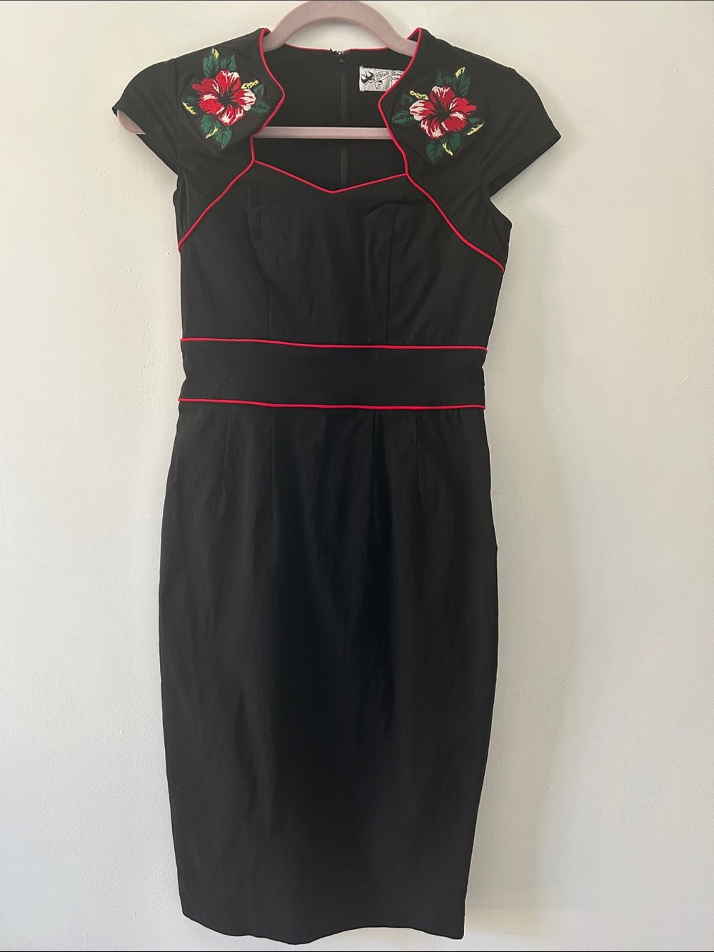 Hell Bunny Vixen Black Midi Sheath Dress Red Floral Embroidery Vintage Inspired